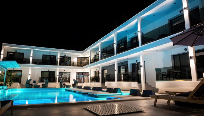 Modern villa with multiple lights and sun loungers in Asprovalta,Greece